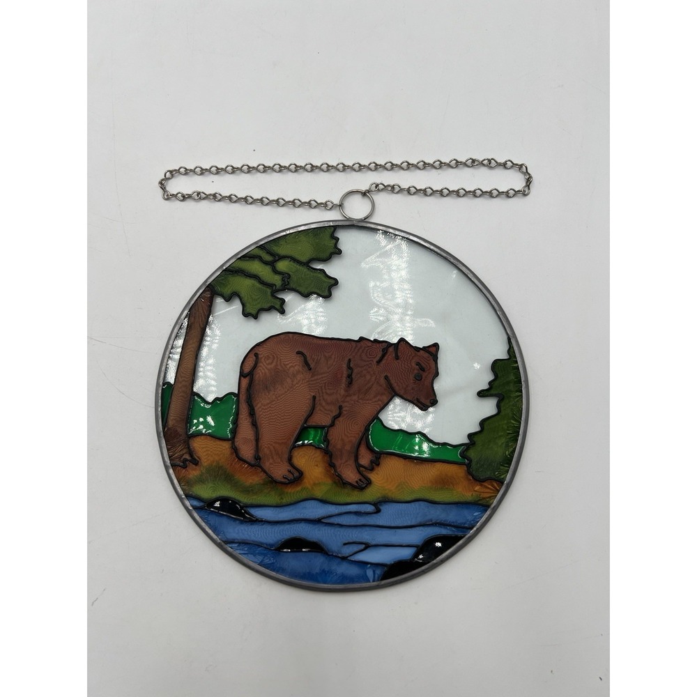 Vintage Stained Glass Bear Suncatcher Forest River Round‎ Window Hanging